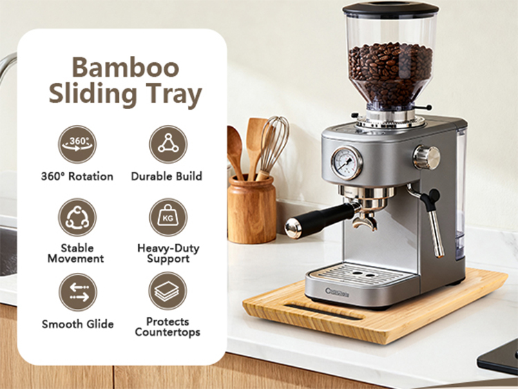 Bamboo coffee machine mobile tray, 360° rotating kitchen appliance, silent sliding base, cabinet storage rack(Image1)