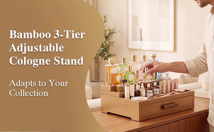 Bamboo perfume storage rack, three-layer adjustable, with drawer, perfume base, table top, luxury display rack(Image1)