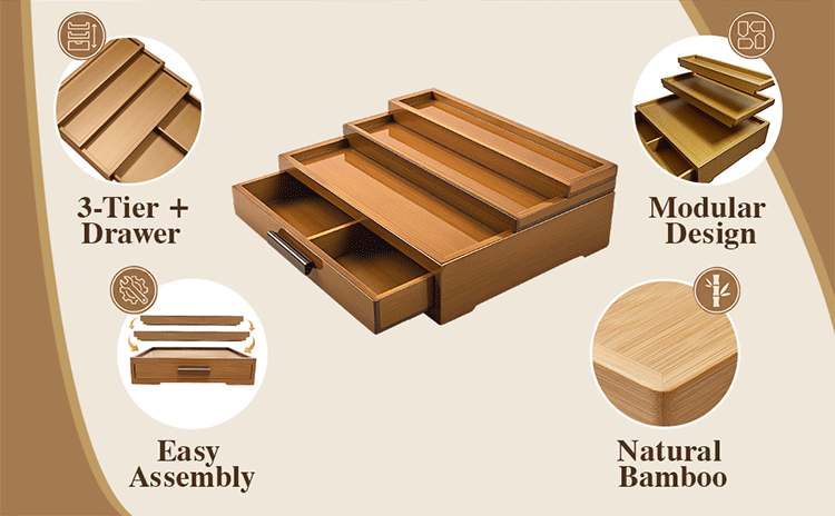 Bamboo perfume storage rack, three-layer adjustable, with drawer, perfume base, table top, luxury display rack(Image2)