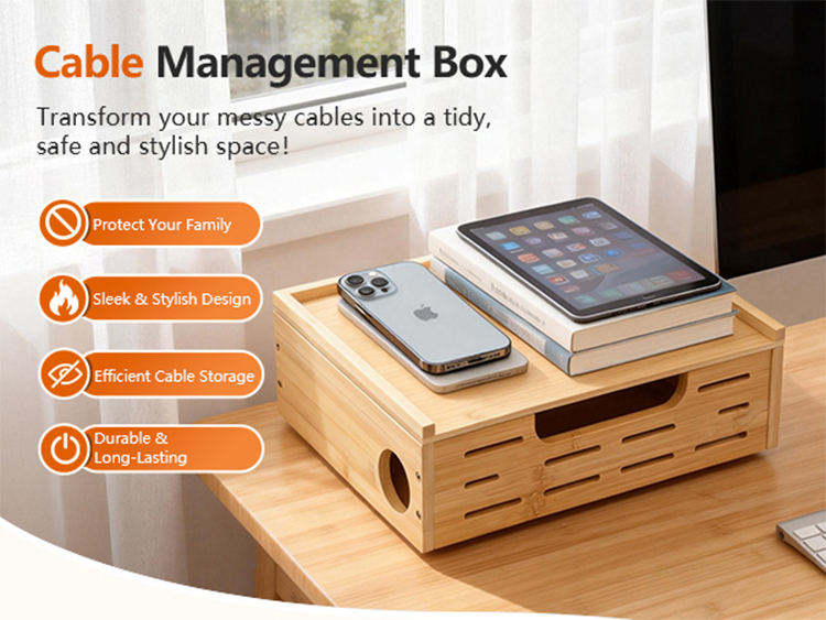 Bamboo lined plug-in storage box, large capacity desktop/under table wire management box, hidden socket collection box(Image1)