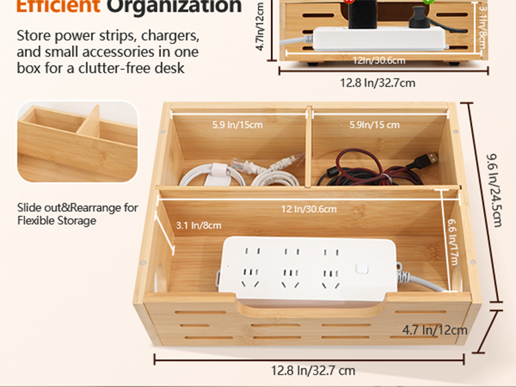 Bamboo lined plug-in storage box, large capacity desktop/under table wire management box, hidden socket collection box(Image3)