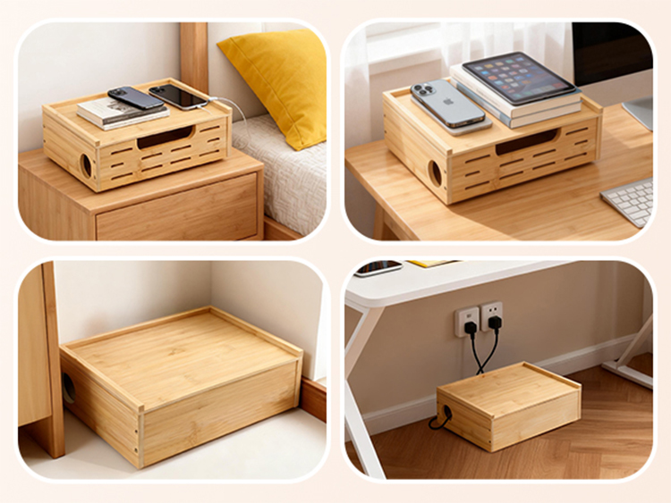 Bamboo lined plug-in storage box, large capacity desktop/under table wire management box, hidden socket collection box(Image7)