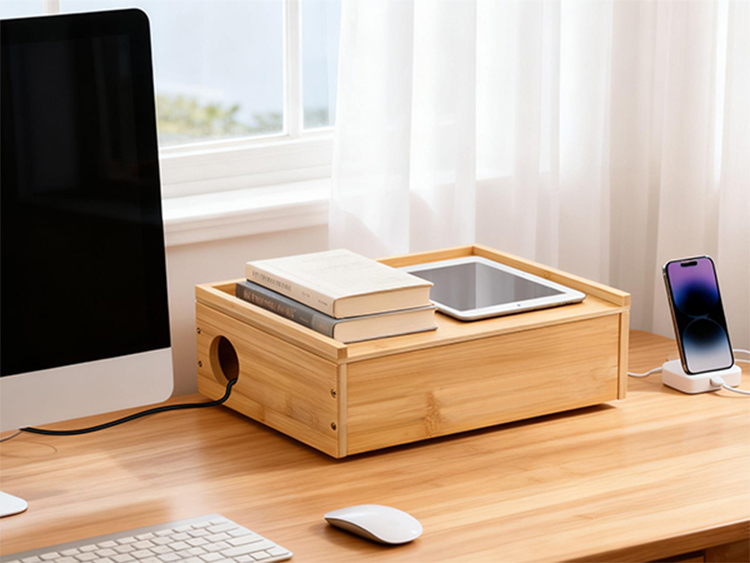 Bamboo lined plug-in storage box, large capacity desktop/under table wire management box, hidden socket collection box(Image6)