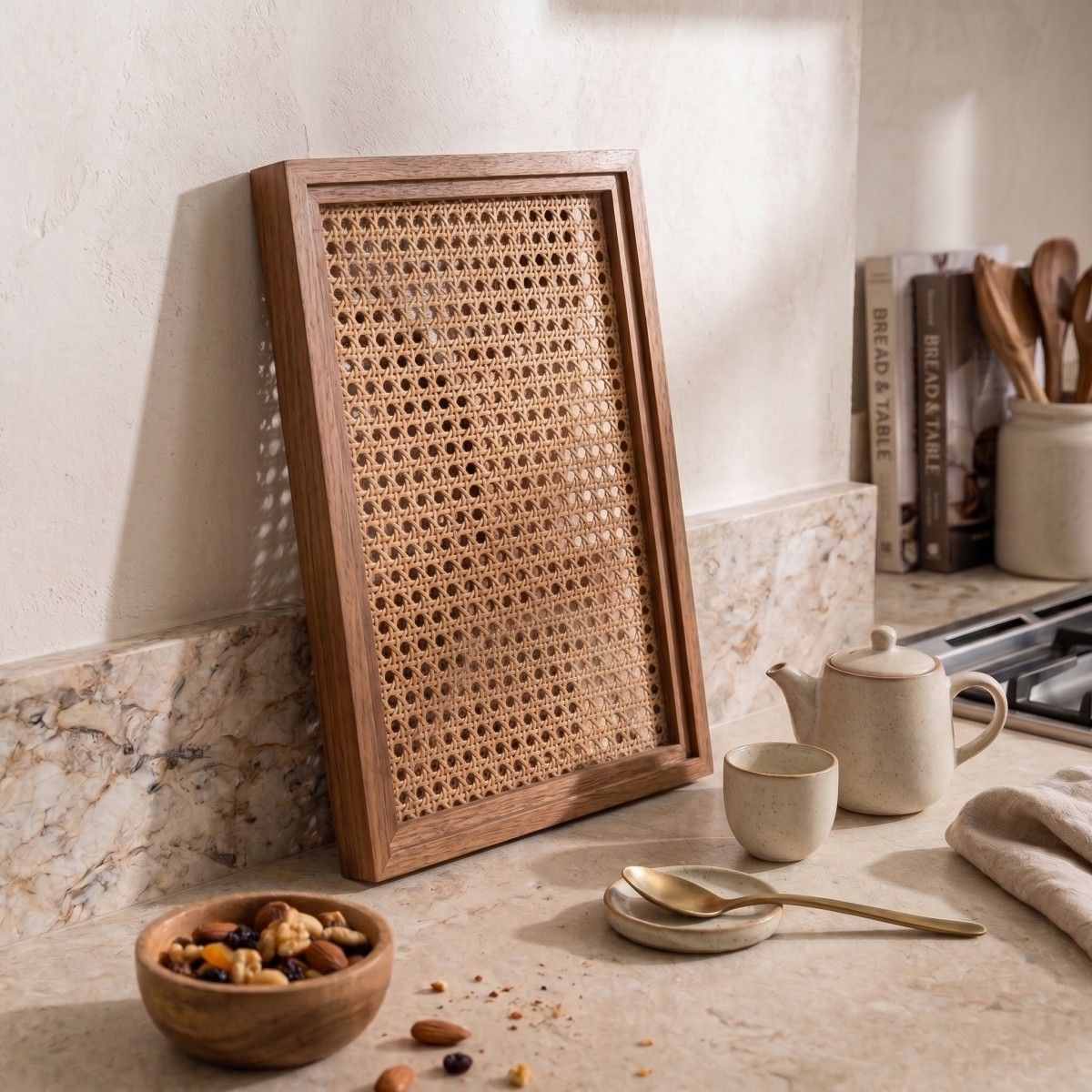 Natural rattan frame tray