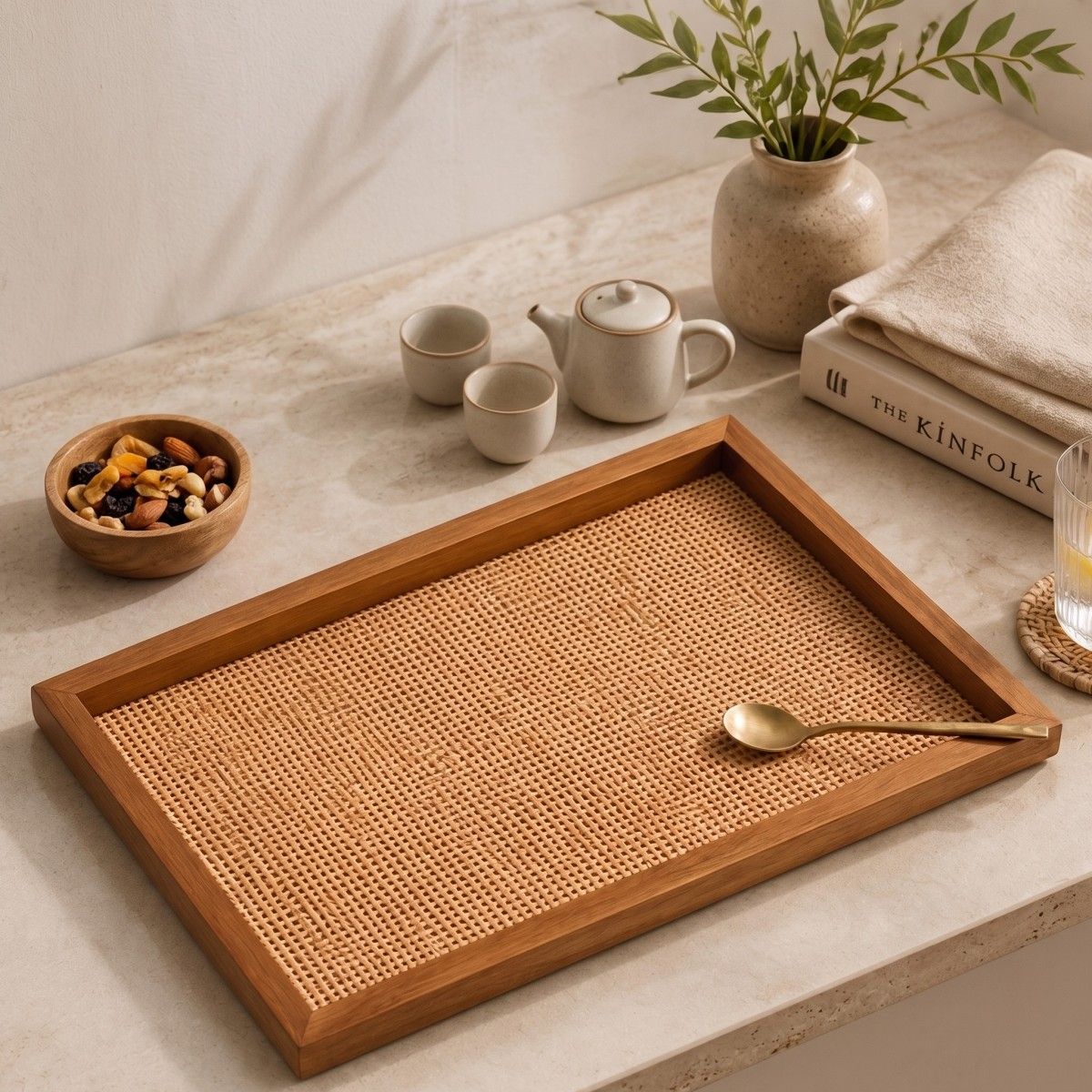 Natural rattan frame tray