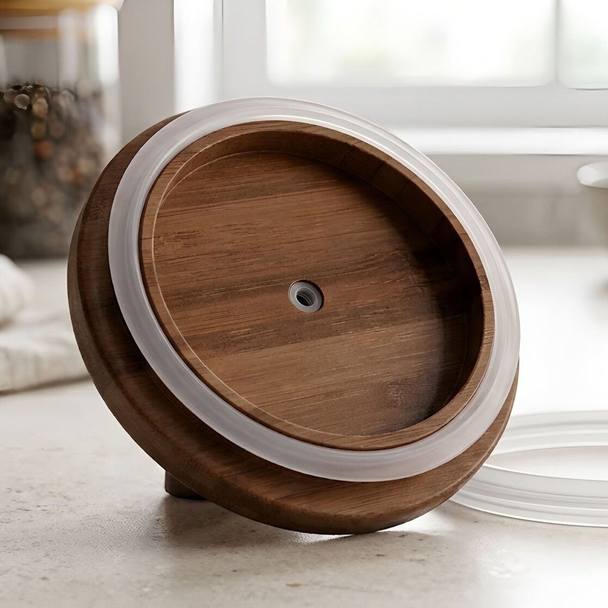 Acacia wood handle grain jar