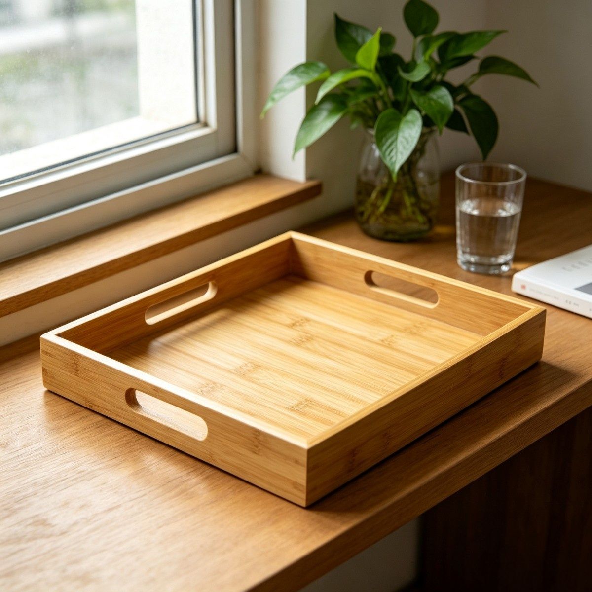 Rectangular bamboo tray