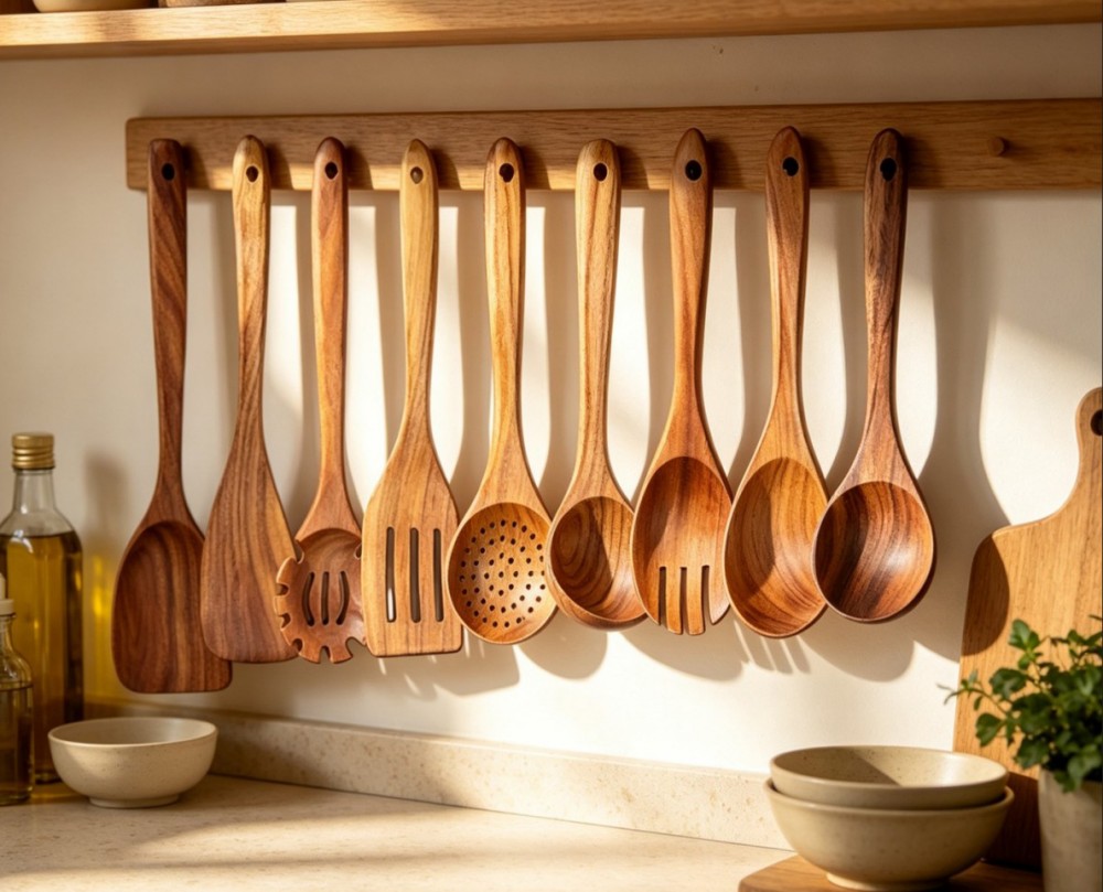 Teakwood Pot Lifter and Spoon Set of 9(Image1)